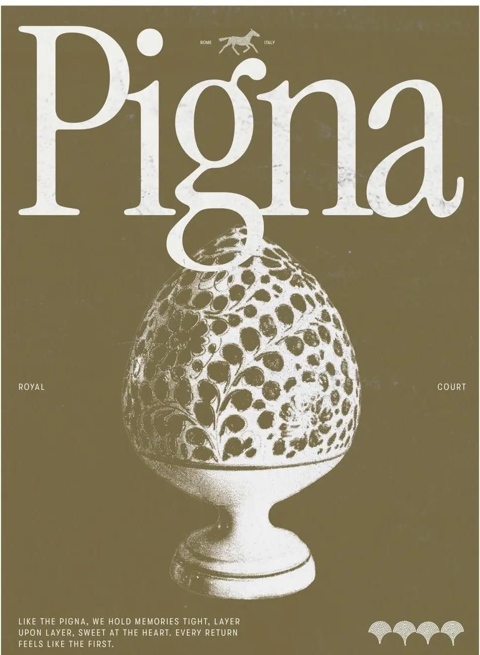 Royal Court’s Pigna card: like the pigna, we hold memories tight, layer upon layer, sweet at the heart. Every return feels like the first.
